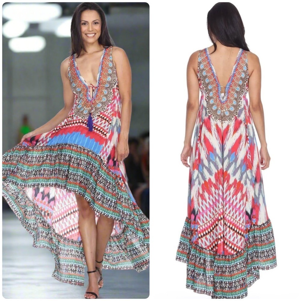 La Moda True Colours Halter 3-Way Maxi Printed Beaded Resort Dress 💙 S/M - Picture 3 of 12